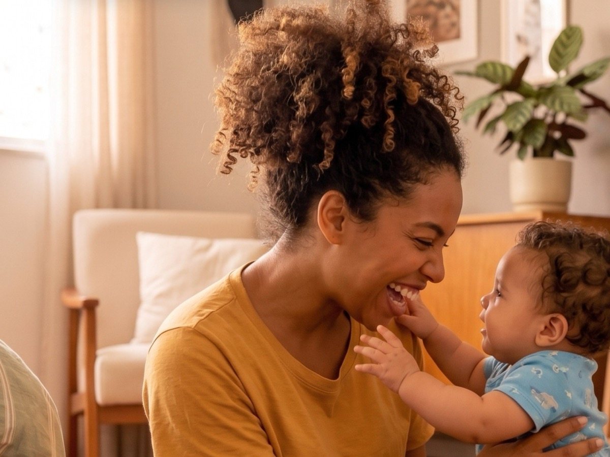 Babá sorrindo e brincando com um bebê na sala