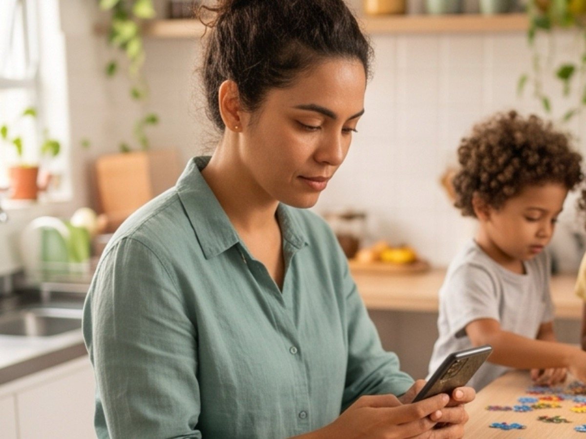 Mãe na cozinha olhando o celular enquanto os filhos brincam